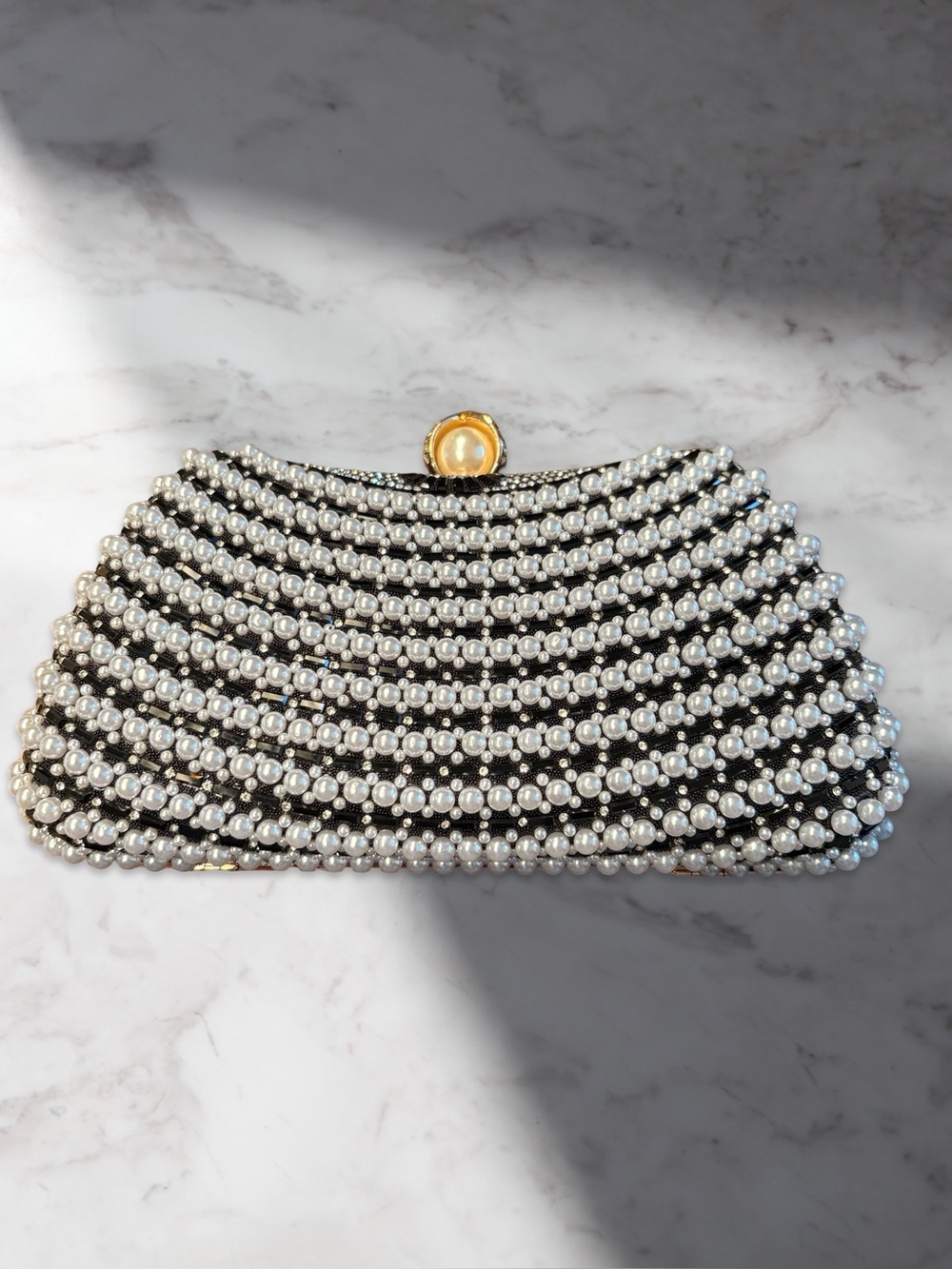 Pearl-Embellished Black Evening Clutch